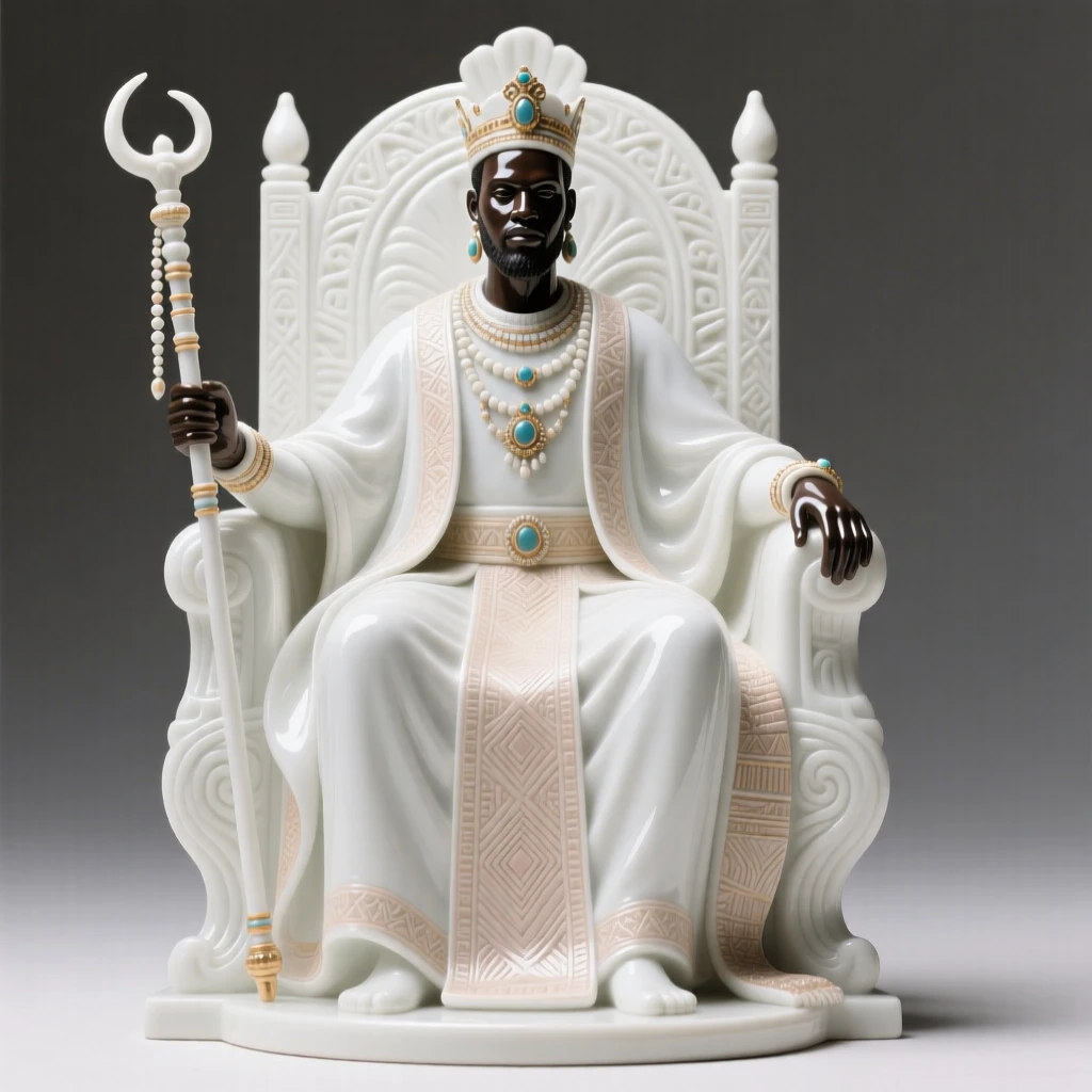A regal African tribal king seated upon an ornate throne, surrounded by the trappings of a bygone era.