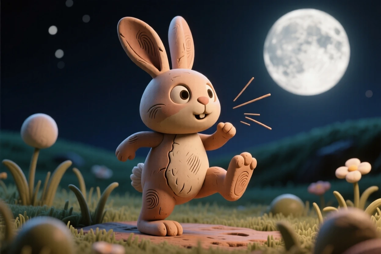 A wild rabbit thumping a warning in a moonlit meadow