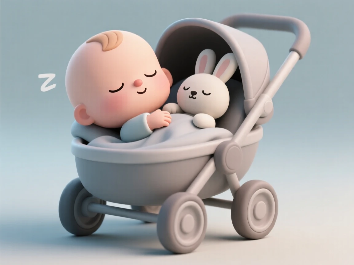A sleepy baby girl naps in a stroller clutching a soft plush bunny tightly against her chest.