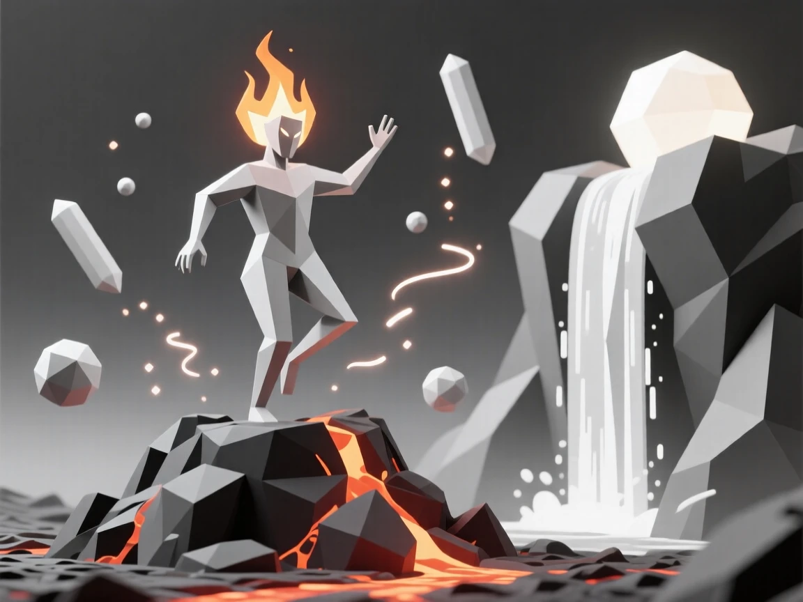 A fire elemental dancing above molten rock, beside a waterfall that glows with soft light. swirling particles of light drift through the air. The moment feels suspended between worlds.