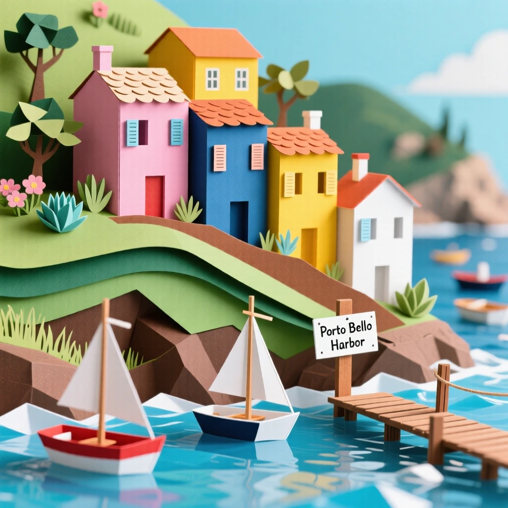 A colorful row of stacked houses climbing a steep hillside above a sparkling harbor, fishing boats bobbing below, evoking coastal Mediterranean charm.