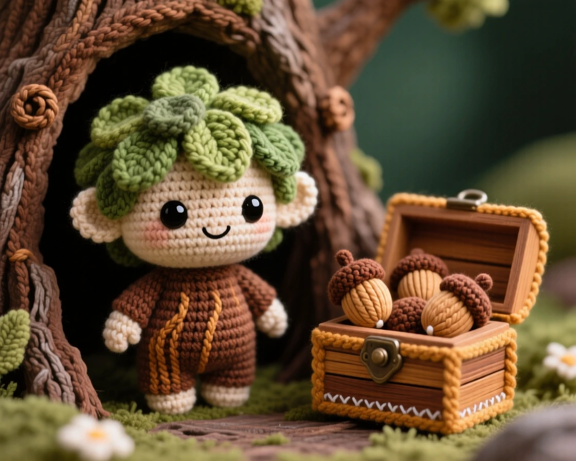 A charming portrait of a small tree spirit, with bark-like skin and leafy hair, peeking out from a hollow in an ancient oak beside a small wooden chest overflowing with acorns in a starlit meadow beneath a swirling night sky, conveying a soft, comforting sense of belonging.