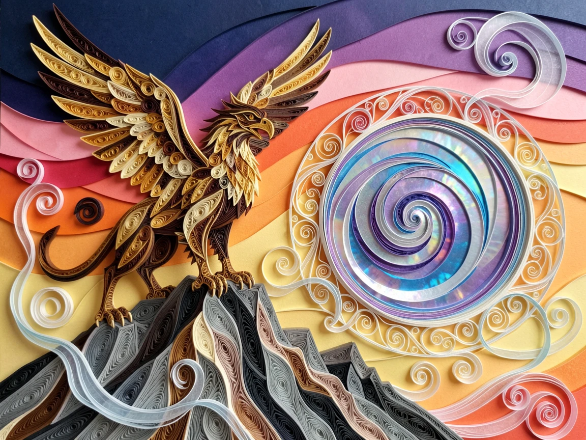 a griffin perched atop a mountain peak at dawn, beside a shimmering portal of swirling light, shown in a grand, awe-inspiring wide composition, with delicate wisps of magical mist curling upward.