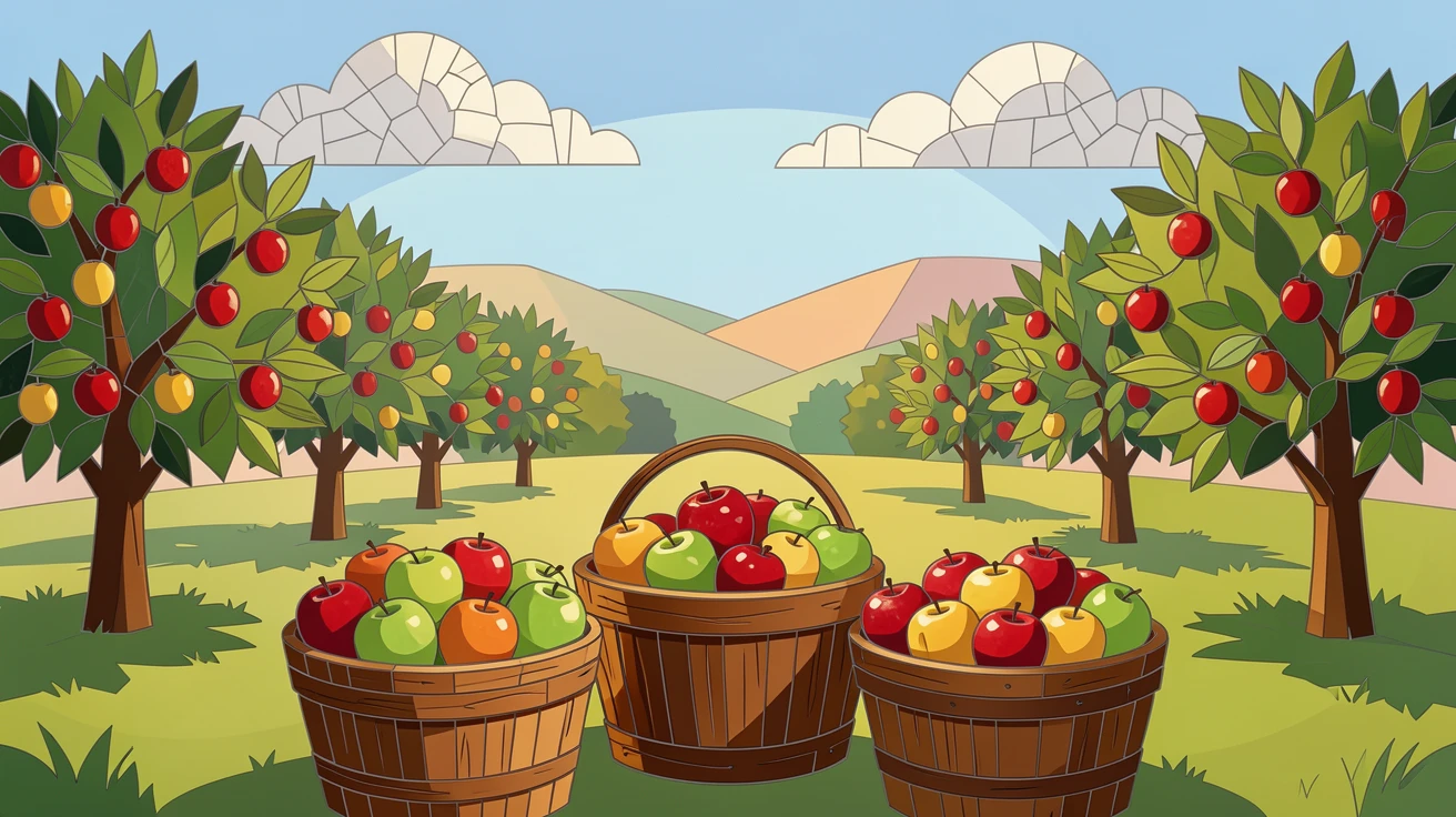 A peaceful orchard with baskets of freshly picked apples.