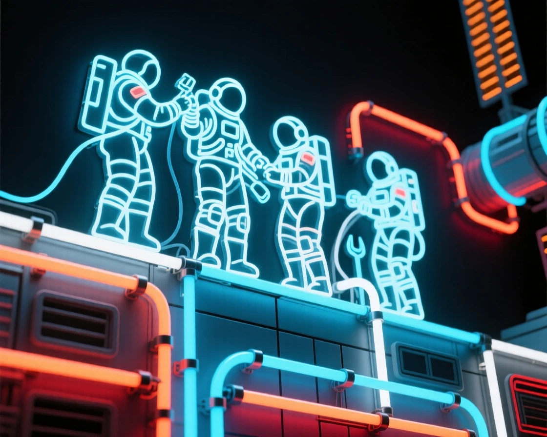 A team of astronauts repairing equipment on a space station exterior.