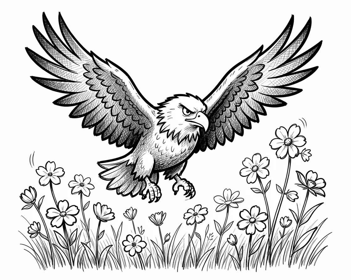 A bald eagle soaring among blooming wildflowers.