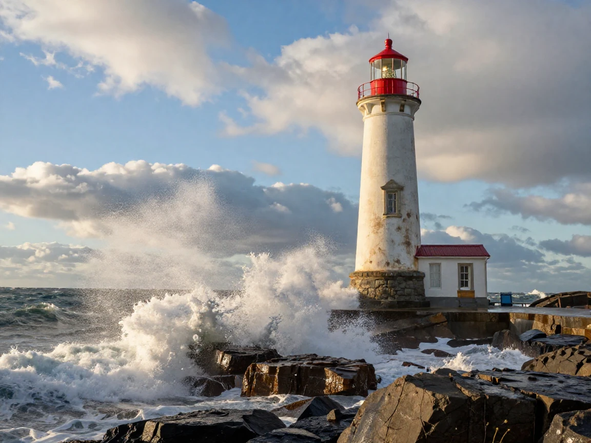 A single lighthouse standing against crashing coastal waves