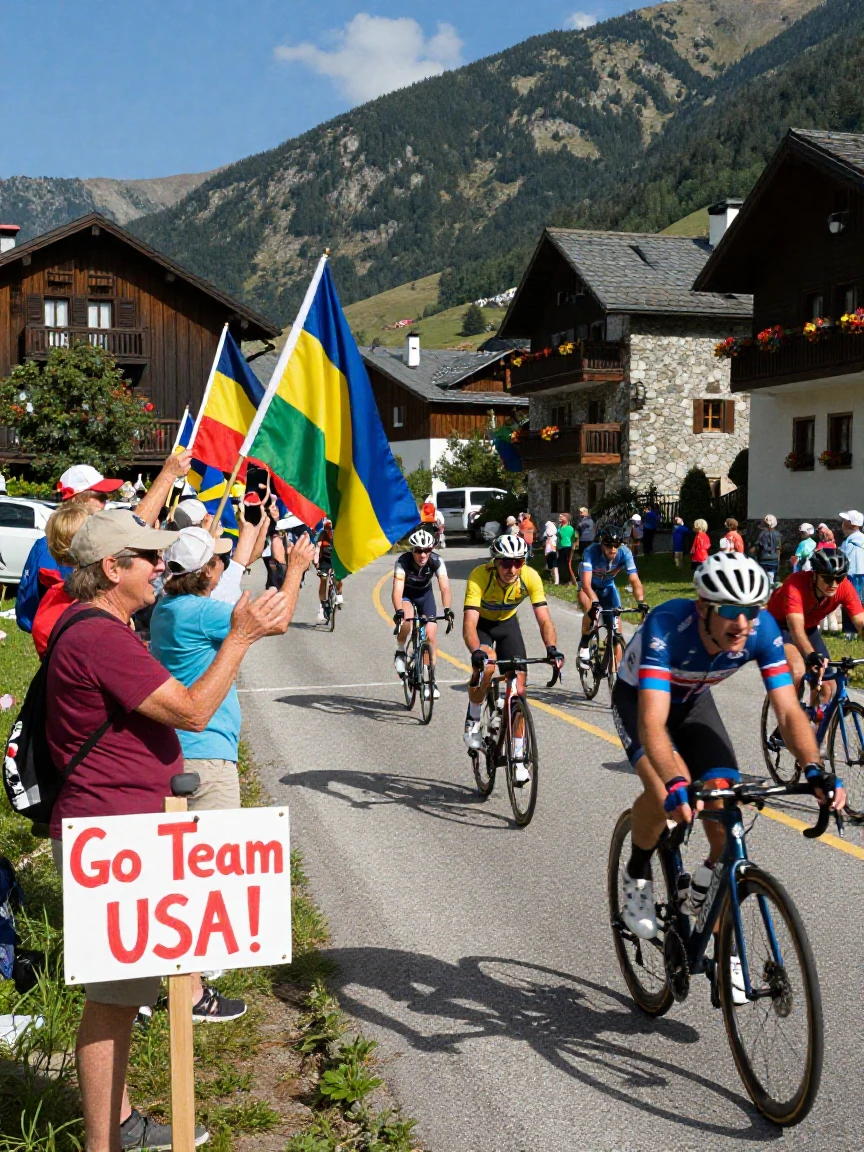 A crowd waves colorful flags as a cycling race speeds through a mountain village.