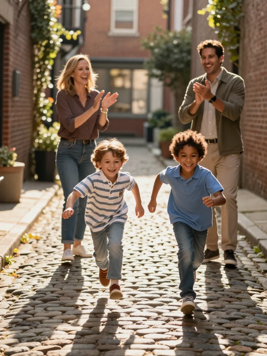Siblings racing each other in a narrow cobblestone alley while their parents watch and cheer
