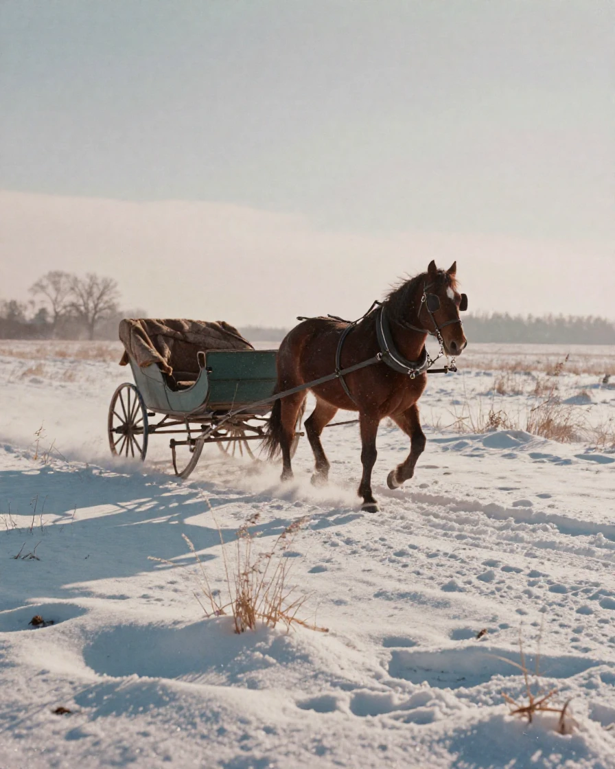 A horse-drawn sleigh gliding across a snow-covered field, under harsh midday sun, with a soft breeze stirring the air, in winter, in soft muted pastels, through a rain-streaked window.