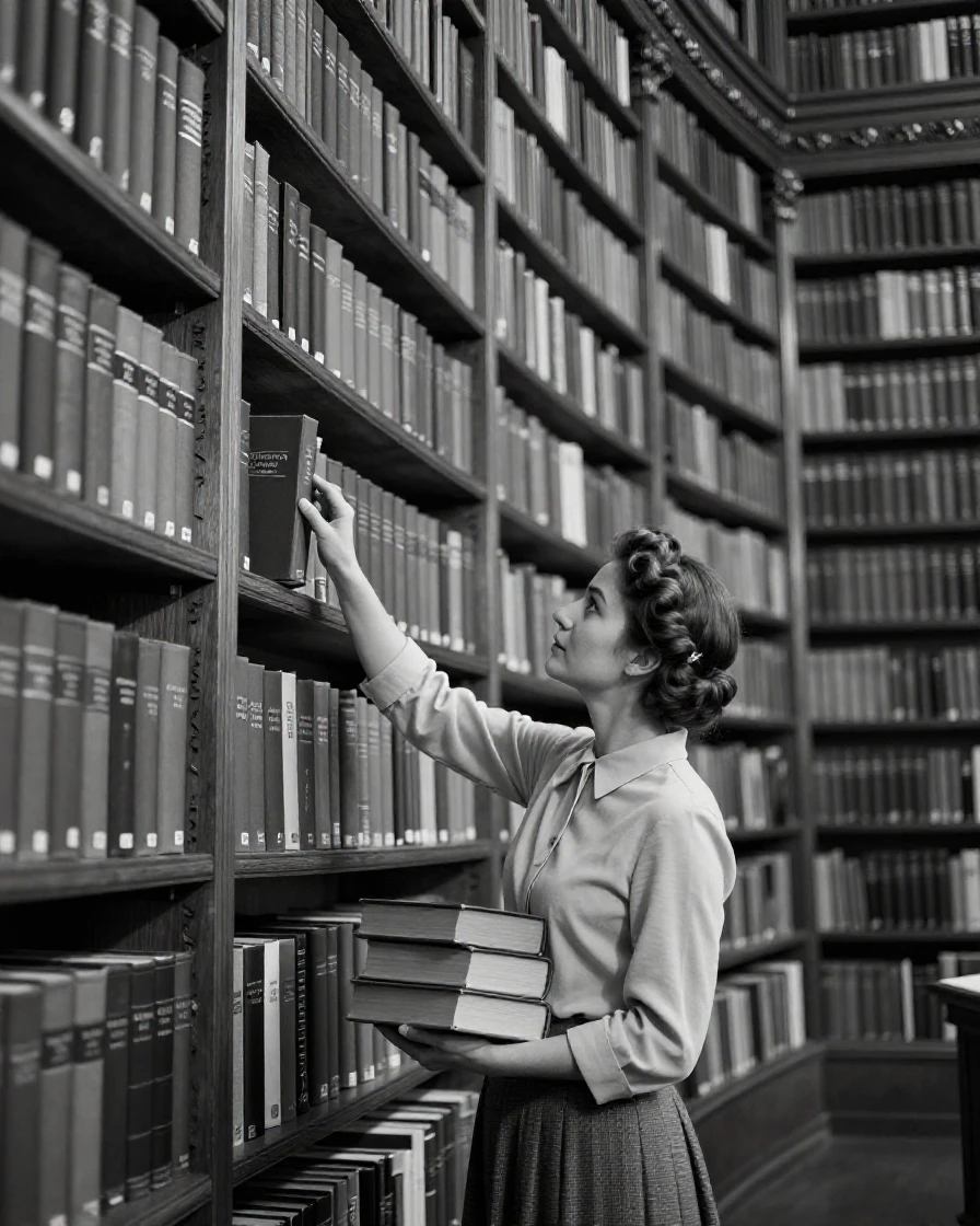 A librarian shelves a stack of returned books among tall library stacks.