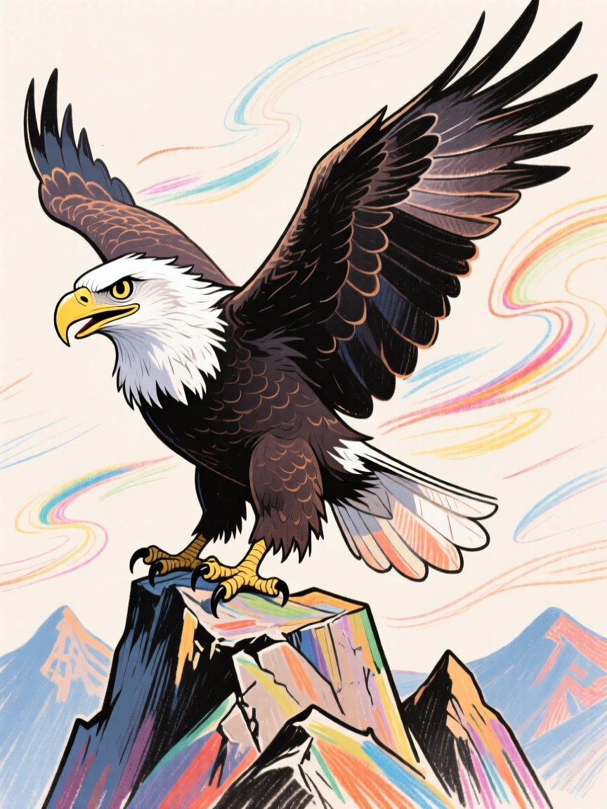 A majestic bald eagle perched on a mountain crag, wings partly spread against the wind.