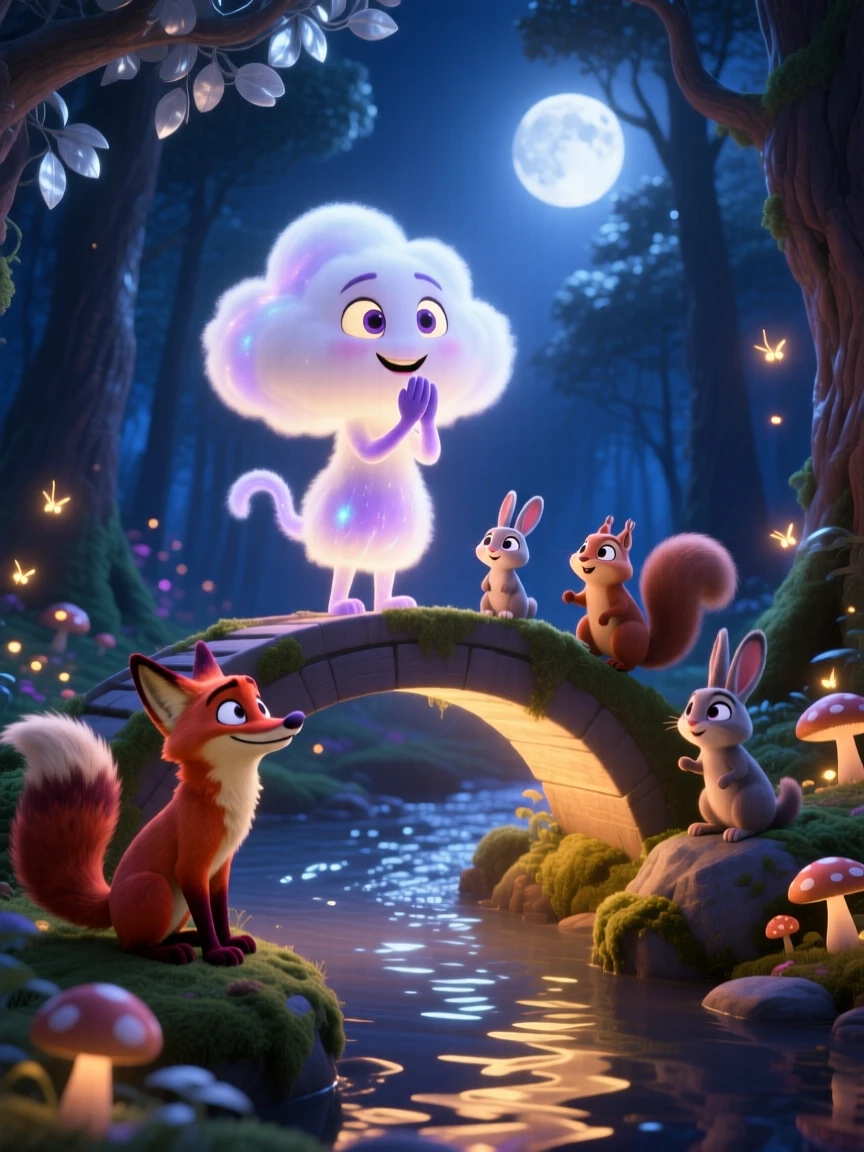 A cloud spirit stands on a bridge made of glowing moonlight, whispering to woodland creatures gathered nearby. The atmosphere feels mystical yet warmly inviting, with faint music seeming to drift on the breeze.