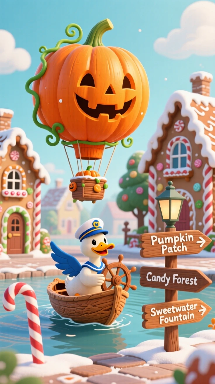 A duck who sails a walnut-shell boat is steering a hot air balloon shaped like a pumpkin in a town square made entirely of gingerbread, with everything slightly too big or too small in a charming way.