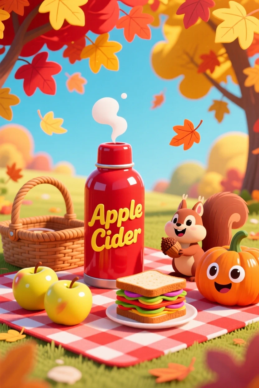 A picnic under fall foliage with a thermos of apple cider.