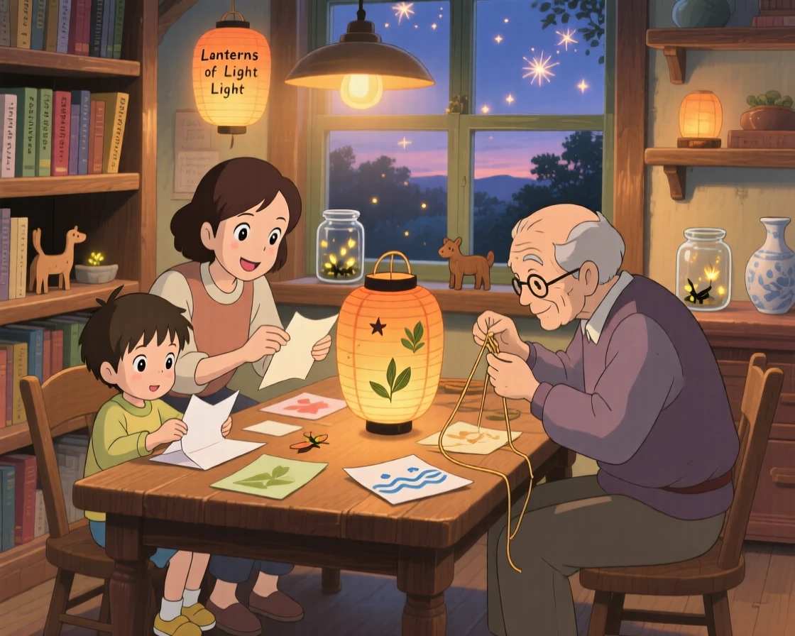 A family gathered around a table making paper lanterns, shelves lined with books and small trinkets, the whole scene feeling peaceful and unhurried.