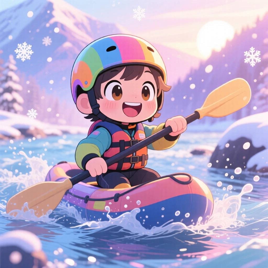 Waist-up portrait: a river rafter, paddling energetically through gentle rapids, set against a sunlit mountain river amid softly falling snow, with soft pastel light of dawn and a mood of giggling amusement.