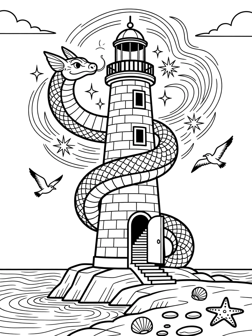 A sea serpent coiling around a lighthouse, with a swirl of magical energy crackling in the air.