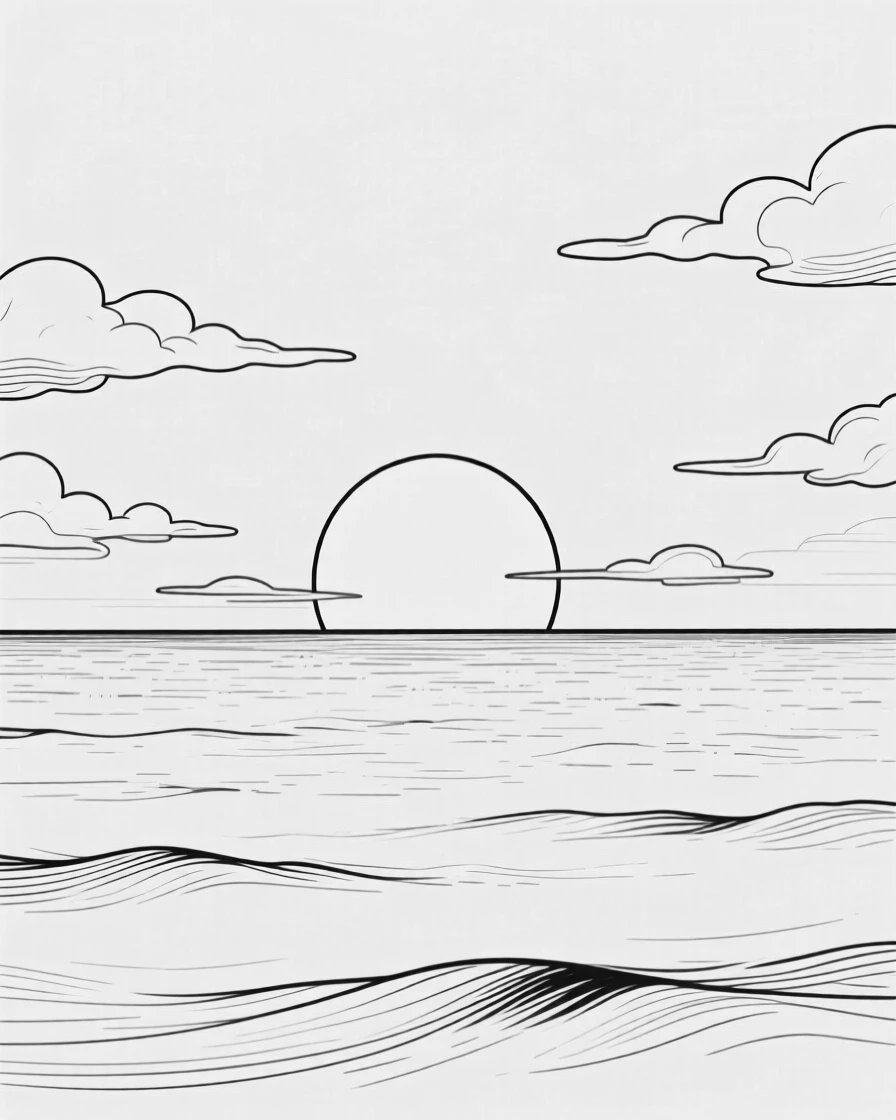 A dramatic sunset over an open ocean with scattered clouds