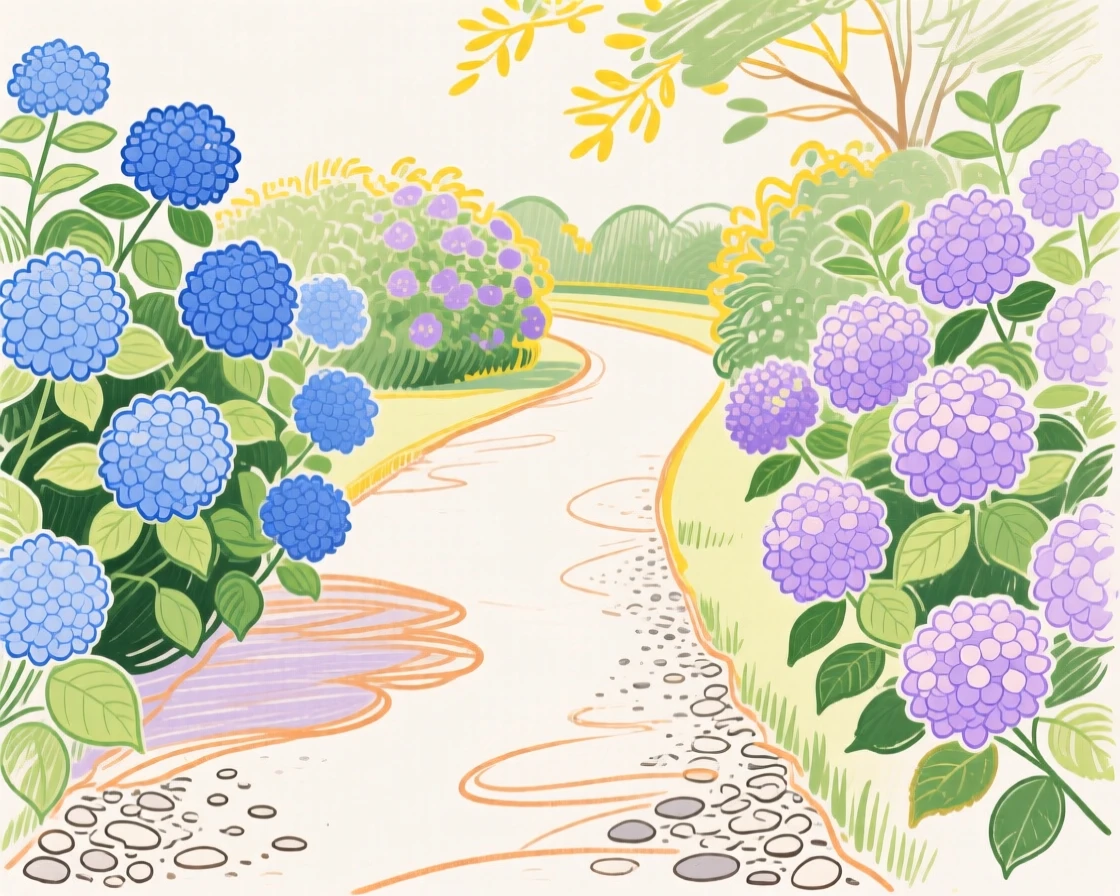A garden path lined with blooming hydrangeas.