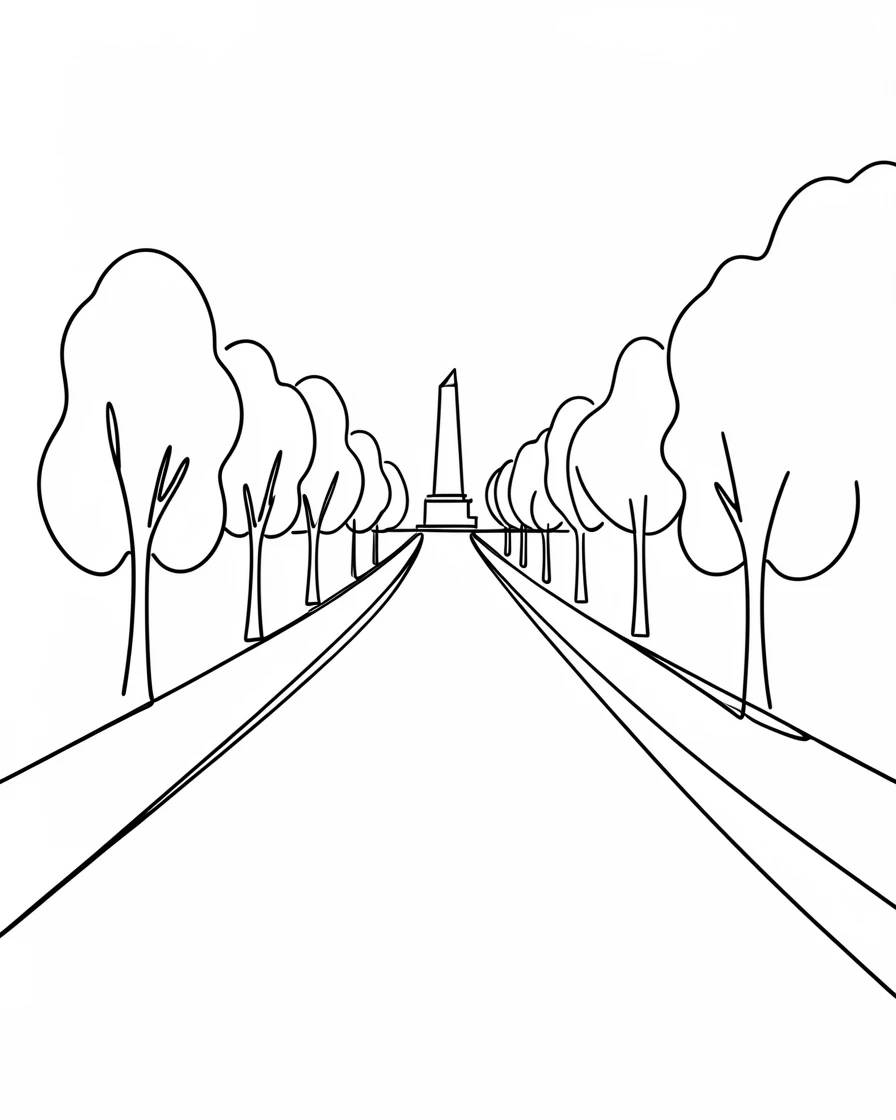 A grand boulevard lined with trees leading toward a distant monument