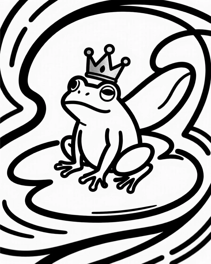 A tiny frog prince character wearing a lopsided golden crown on a lily pad.