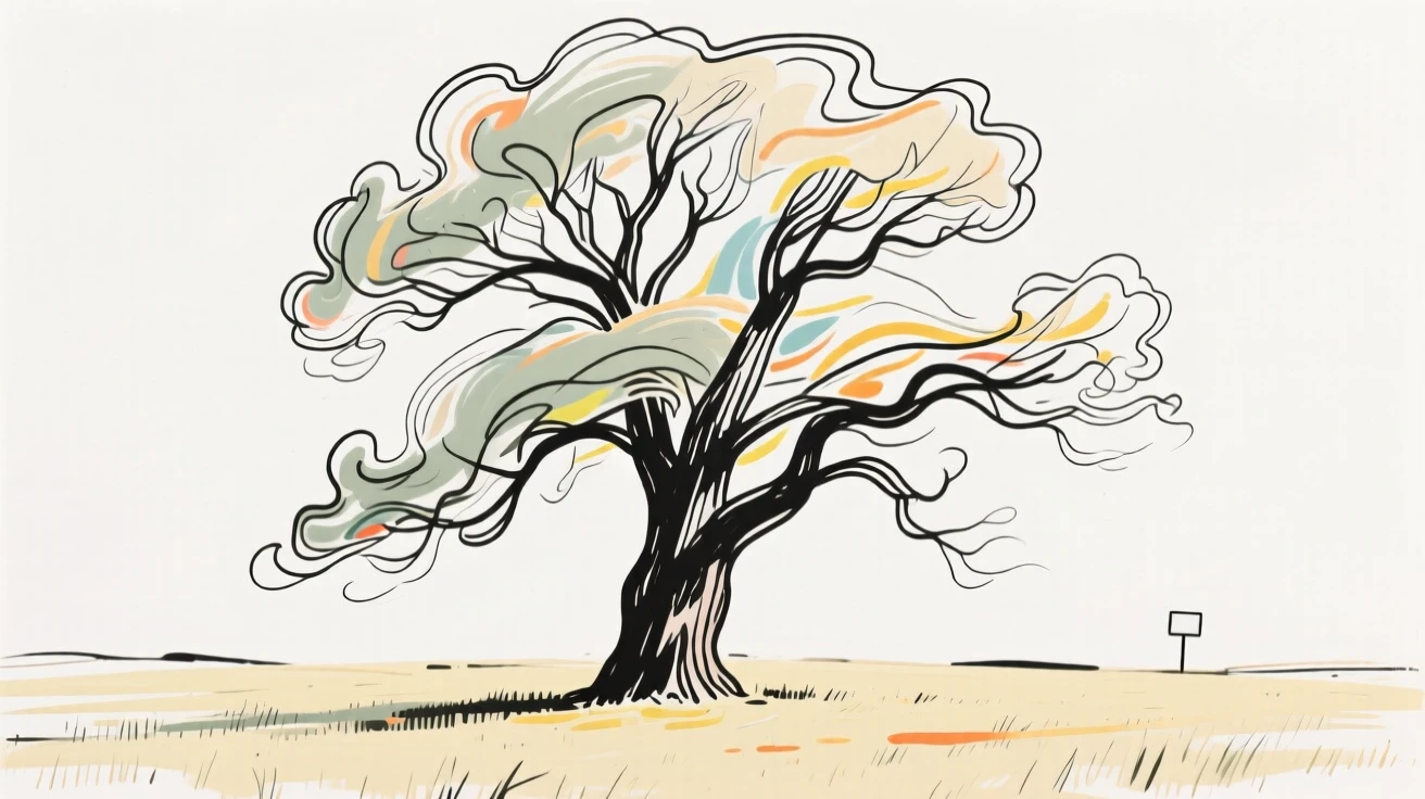 A single towering oak tree standing alone in an open field.