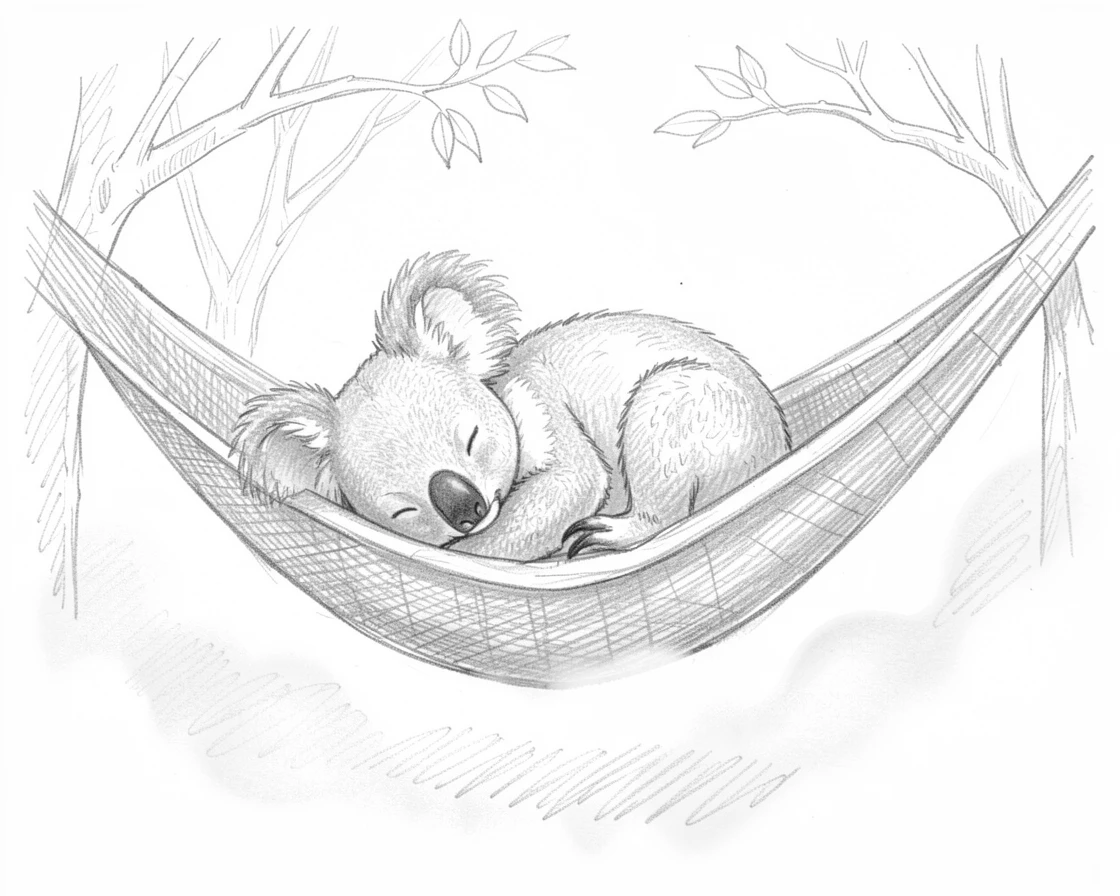 A heartwarming scene of a sleepy koala dozing in a hammock, framed by soft morning mist.