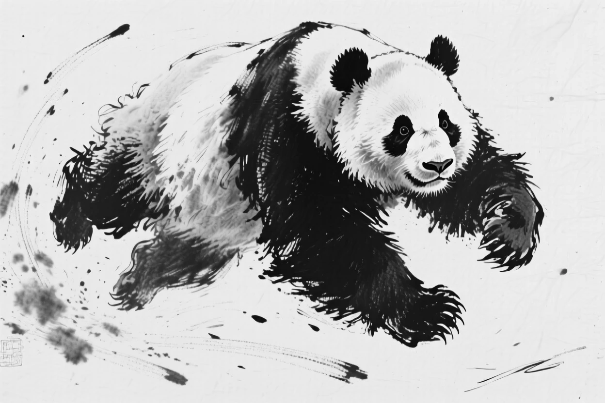 A giant panda leaping gracefully through the air.