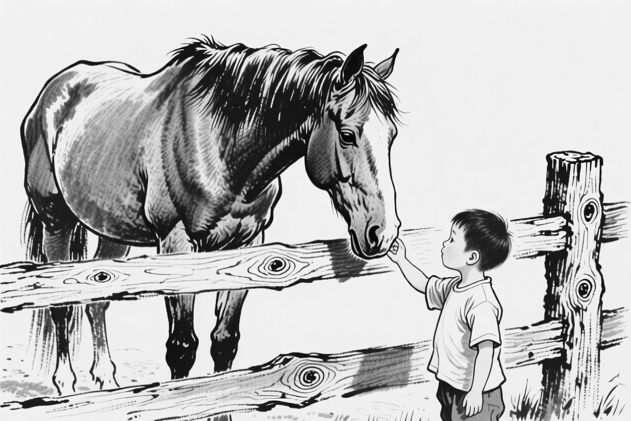 A horse standing at a wooden fence, head lowered to nuzzle a child's outstretched hand.