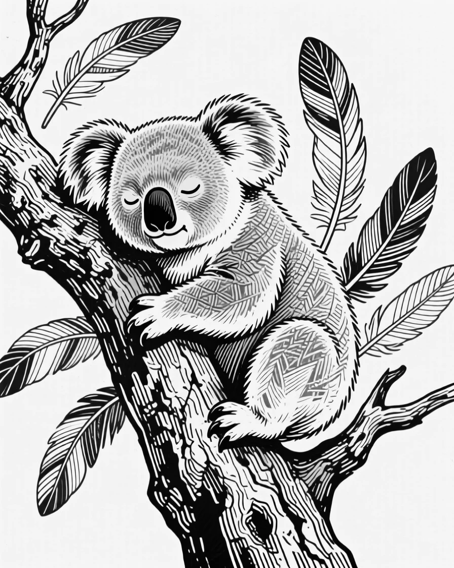 A sleepy koala atop a weathered tree branch, feathers fanned in fine detail, capturing a playful and lighthearted moment in nature with a strong, centered focal point.