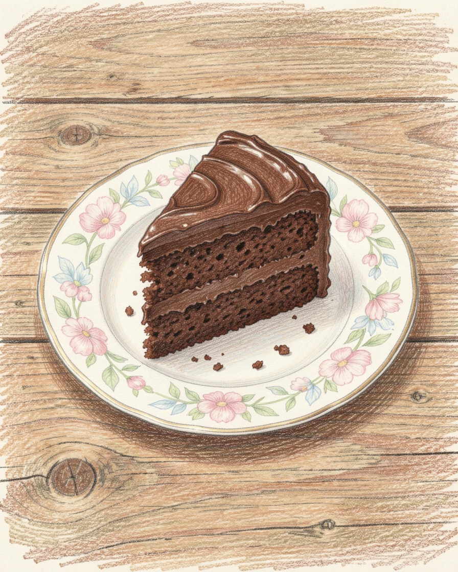 A slice of rich chocolate cake on a vintage floral plate, arranged casually on a rustic wooden surface, capturing a quiet, satisfying morning ritual.