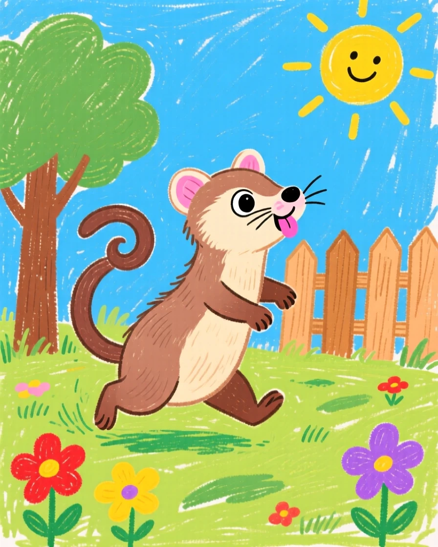 A curious ferret chasing its tail in a sunny backyard.