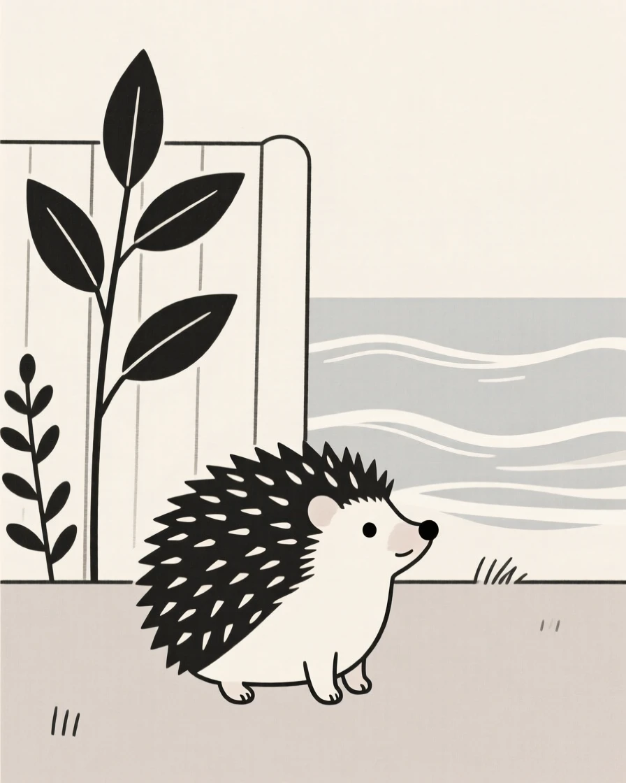 A hedgehog pausing to look around in a quiet backyard garden, near gentle ocean waves, giving off a sense of quiet tenderness.