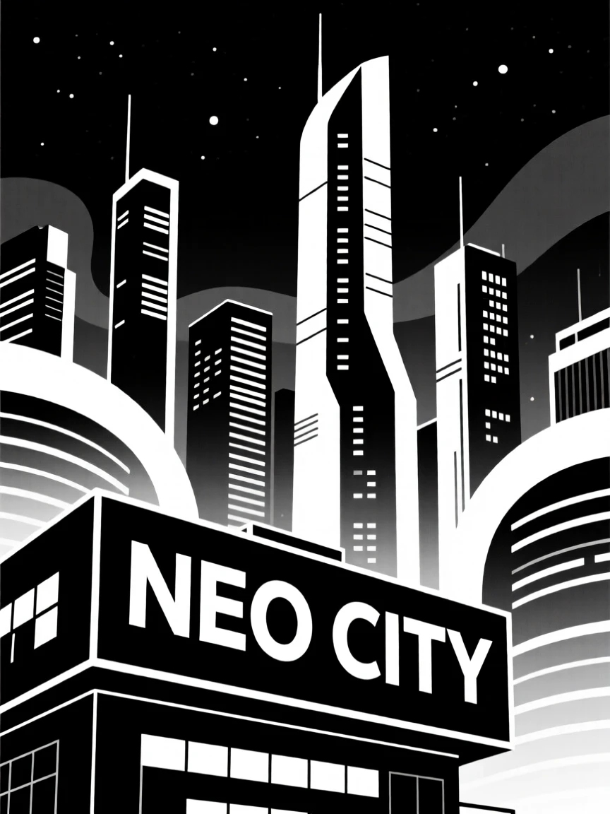 A futuristic city skyline glowing at night.