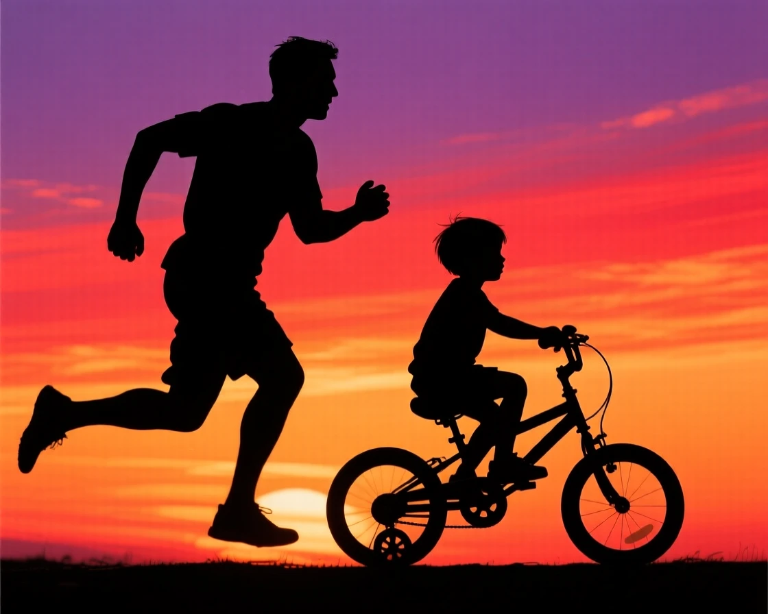 A father running alongside his child's first bike ride, one hand hovering near the seat.