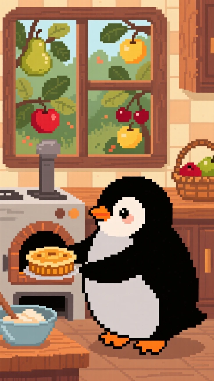 A plump baby penguin baking a miniature pie in a woodland kitchen, in an orchard heavy with ripe fruit.