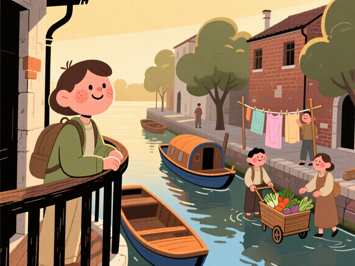 A traveler pauses on a narrow balcony overlooking a canal lined with old boats, watching locals going about their morning routines as the golden afternoon light settles over the scene.