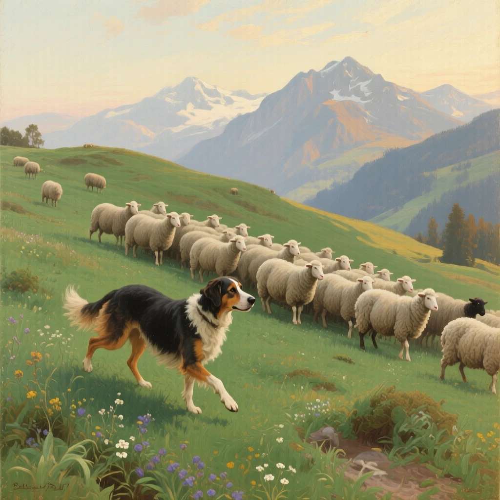 A centered composition of a shepherd dog herding sheep across a rolling green hillside, in the Swiss Alps, in the Edwardian era.
