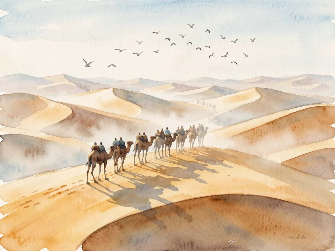 A desert caravan of camels crossing golden dunes with soft morning fog rolling through with birds circling overhead.