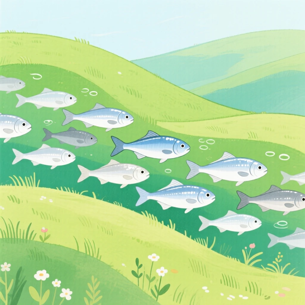 A close-up portrait of a school of silver fish in a rolling green hillside.