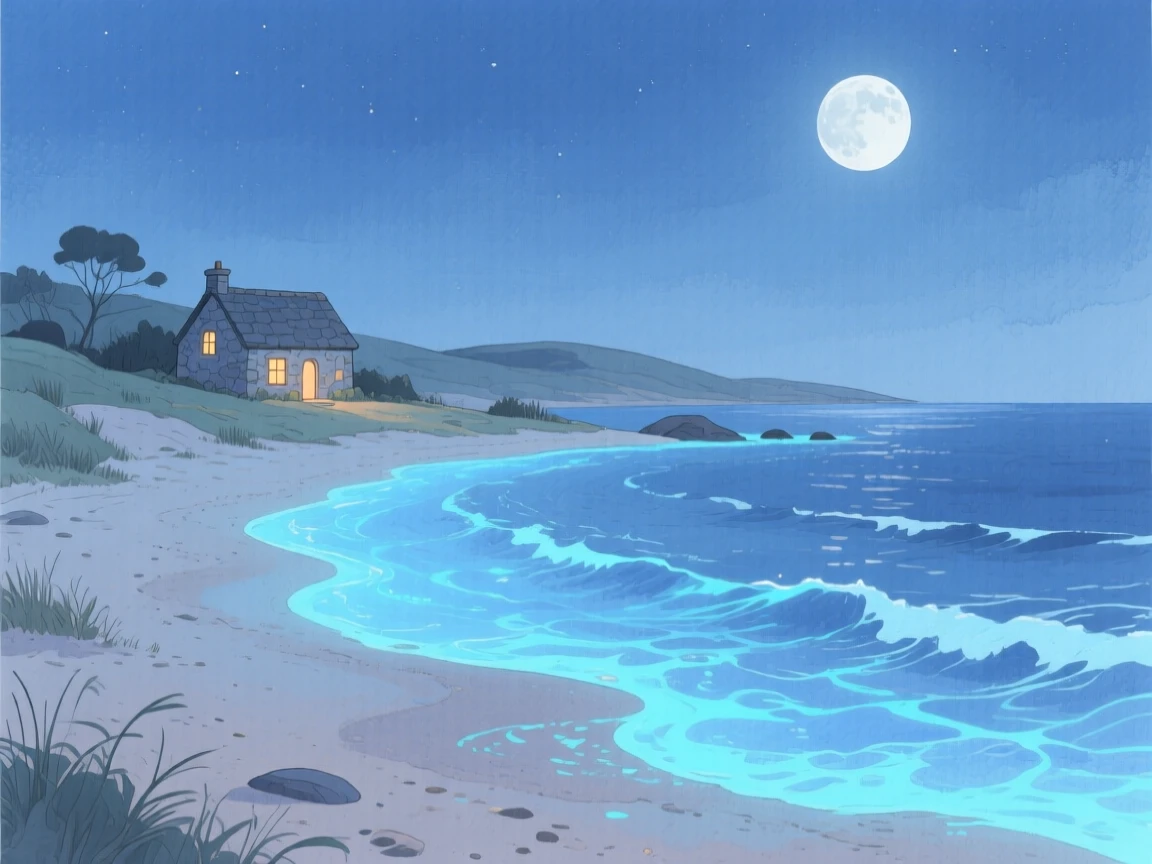 A moonlit beach with gentle bioluminescent waves, with a small stone cottage nestled in the distance, filled with quiet majesty and stillness.