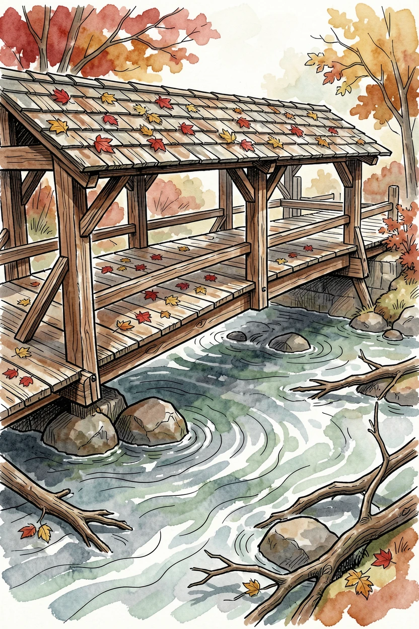 An old covered bridge crossing a rushing autumn stream, red and gold leaves scattered across the wooden planks