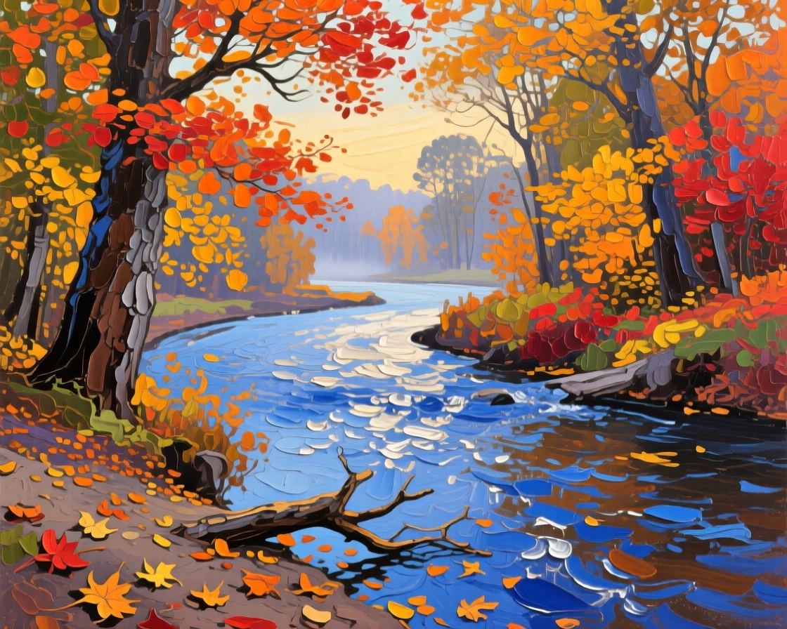 a river bend beneath autumn trees, during the first days of autumn, with layered visual detail from foreground to horizon.