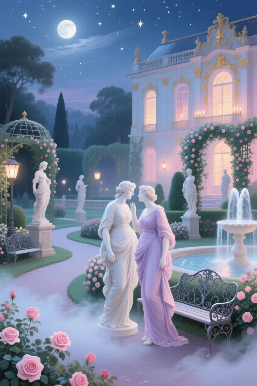 A palace garden at night where statues whisper to one another  