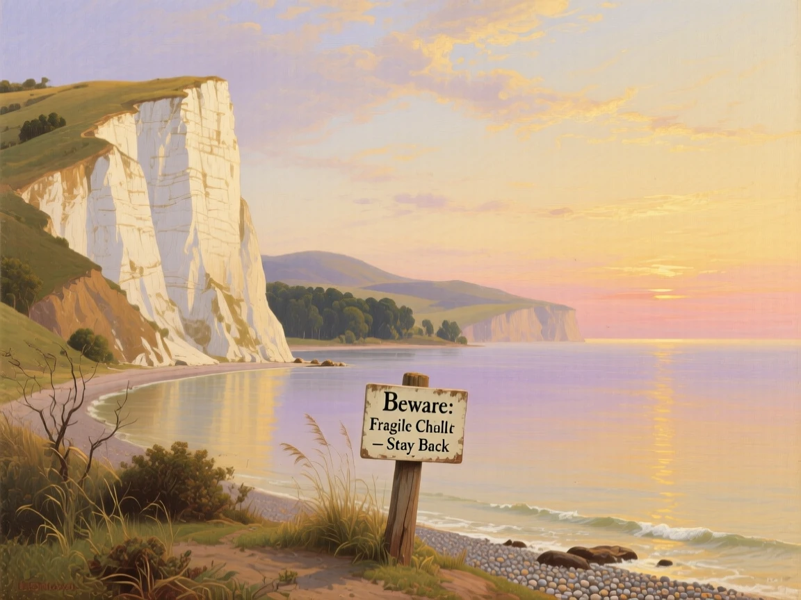 A chalk cliff overlooking a calm bay.