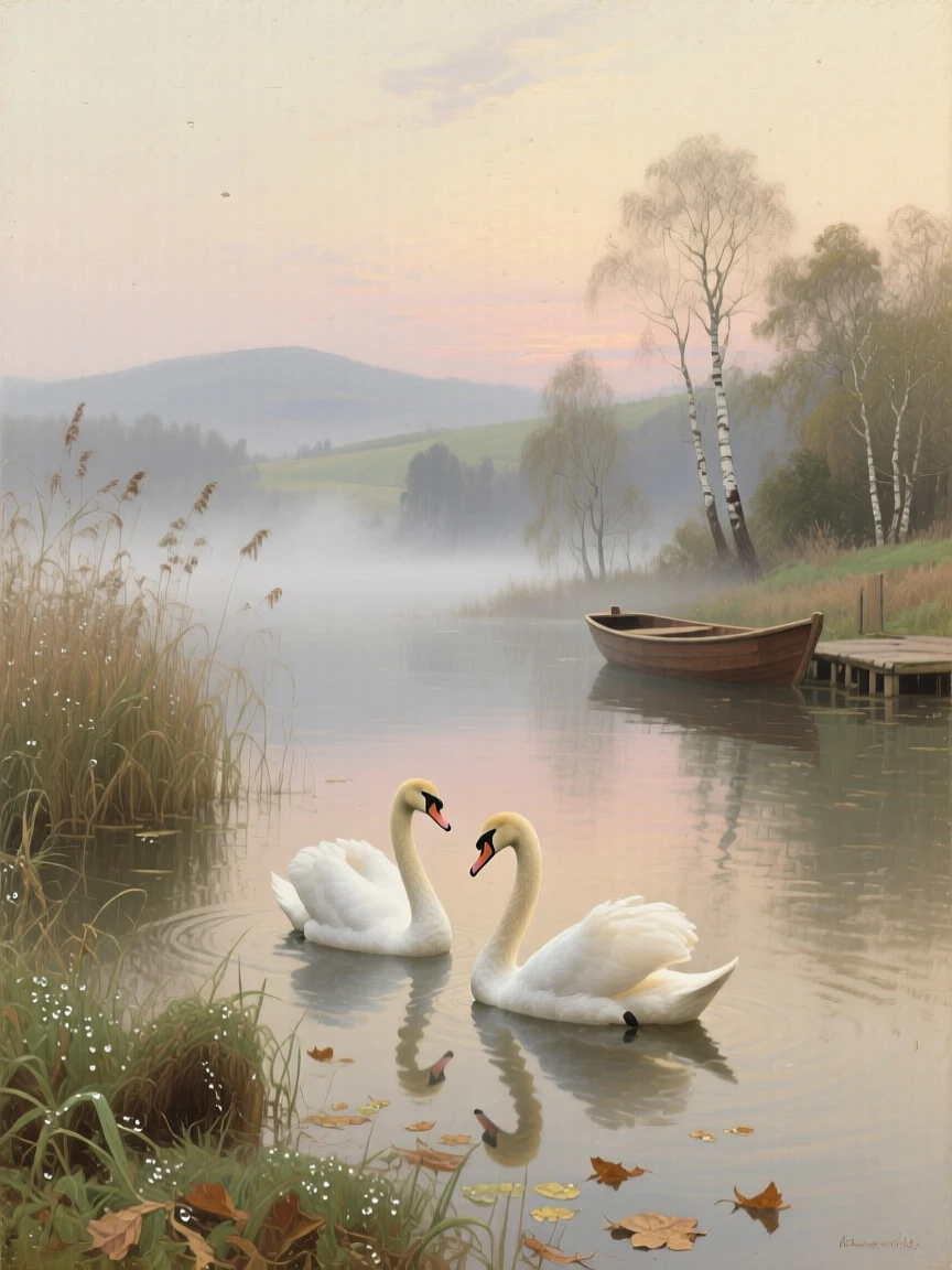 A pair of swans gliding elegantly across a still misty lake, surrounded by the untouched beauty of its natural habitat, highlighting the quiet majesty found in the natural world