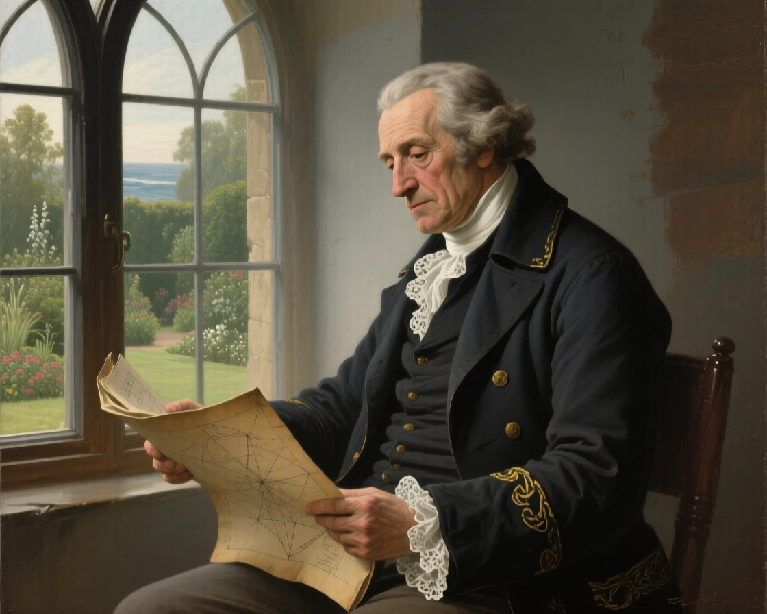 A weathered sea captain studying a worn nautical chart holding perfectly still in contemplative silence, set beside a tall arched window overlooking a garden, with soft light tracing the folds of fine fabric and delicate lace; the pose is turned gently off-center for a natural, candid feel, evoking tenderness, memory, and unspoken emotion.