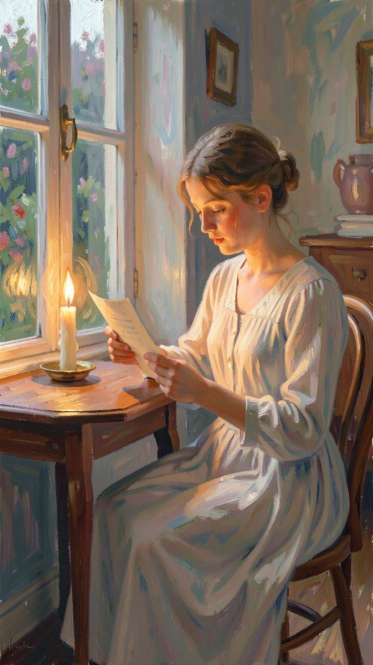 A young woman reading a letter by candlelight, her expression a mixture of longing and quiet joy.