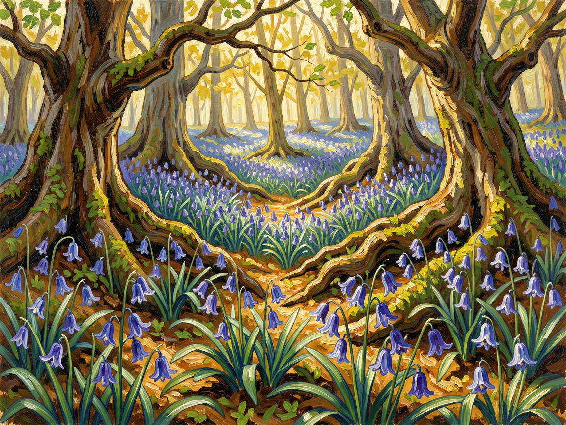 A field of wild bluebells carpeting an ancient forest floor in spring.